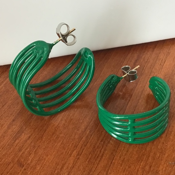 Vintage 1980s Hoop Earrings Pierced Green Retro Disco - Picture 1 of 16